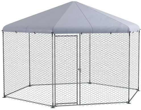 PawHut Recinto per Galline in Acciaio Galvanizzato, Pollaio con Tetto Anti UV Impermeabile e Porta Bloccabile per 10-15 Galline, Anatre, Conigli, Adatta per Esterno, Giardino e Fattoria, 4x3.5x2.6m