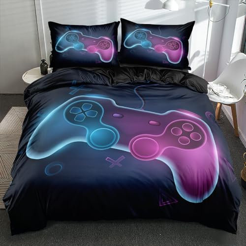 Boqingzhu Bettwäsche 135x200cm Gamer Gamepad Spiele Jungen Schwarz Blau Lila Wende Bettwäsche Set 3D Druck Microfaser Bettbezug und Kissenbezug 80x80cm mit Reißverschluss