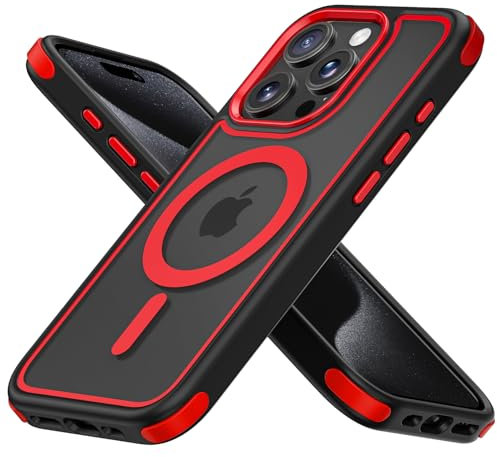 MobNano cover for iPhone 15 Pro Max magnetica, compatibile con MagSafe, cover magnetica colorata, Protezione Antiurto di Livello Militare, Retro Resistente ai Graffi - Nero/Rosso