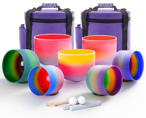 KVKA 432HZ Set of 7 PCS Rainbow Design Frosted Quartz Crystal Singing Bowls 7-12 inch with Travel Carry Case Bag for Sound Healing and Therapy Meditation —— Rainbow Design