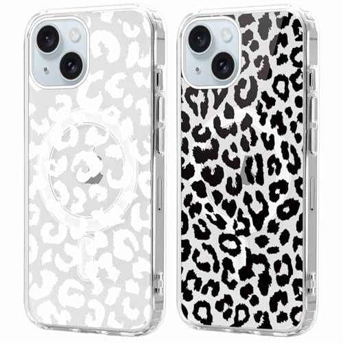Foonary 2 Pack Transparent Cover Magnetic for iPhone 15 6.1, with Leopard Aesthetics Pattern Case Compatible with MagSafe Magnetic Wireless Charging, Bumper Silicone Hard PC Cases