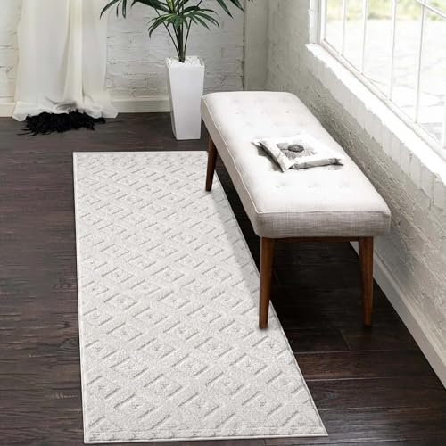Kurzflor Teppich-Läufer Creme - 80x300 cm - Flur-Teppiche Hochtief-Muster, 3D-Effekt - Raute-Muster - Flachflor Bodenbelag, Deko Schlafzimmer