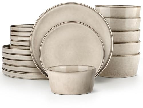Homikit Geschirr Set, 18-tlg Steinzeug Geschirrset 6 Personen, Reaktive Glasur Tafelservice mit Dessertteller Müslischüsseln Speiseteller, Mikrowellen- und Spülmaschinenfest, Kratzfest, Stilvoll Khaki