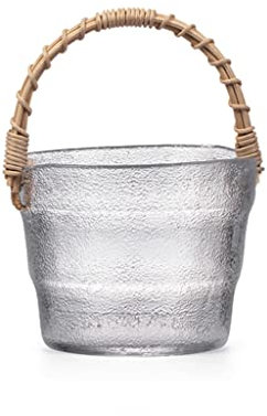 Glass Clear Ice Bucket with Rattan Handle - Japanese Style Exquisite Multipurpose Large Capacity Mini and Compact Ice Bucket
