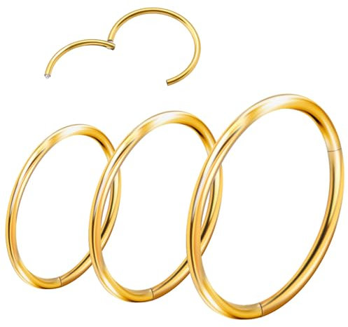 Lvefyti 3 Stück Nasenpiercing Ring, 316L Edelstahl Nasenring Hoop 8mm, 10mm, 12mm Septum Ring Clicker, Body Piercing Schmuck für Daith Tragus Conch Rook Helix Ohr, Nasen und Lippenringe, Gold