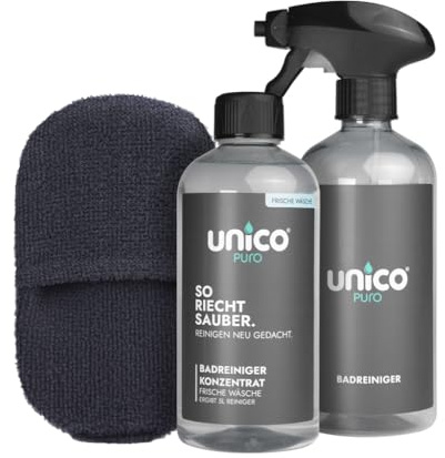 unicopuro® Badreiniger Starter-Set Frische Wäsche – ohne reizenden Geruch – Konzentrat ergibt 5 L – inkl. Schaumsprühflasche & Schrubbi Schwamm– entfernt Kalk & Seifenreste, unglaubliche Düfte