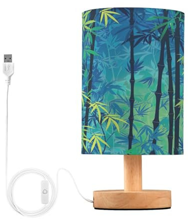 SKYSHU Petite lampe de chevet LED en bambou avec base en bois antidérapante et abat-jour agréable pour les yeux pour salon, chambre à coucher, dortoir, maison, bureau
