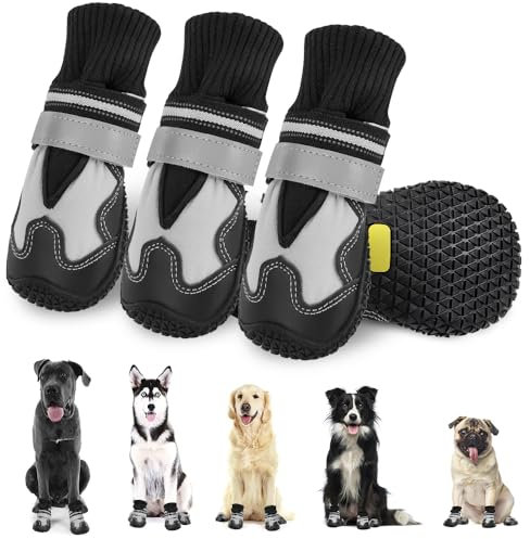 Eyein Hundeschuhe Pfotenschutz Winter, 4 Stück wasserdicht Hundeschuhe mit warmem Fleece und hohem Design, rutschfeste Hunde Schuhe Outdoor mit reflektierendem Klettverschluss, Größe 6