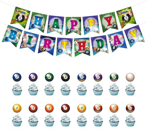 Billard Thema Geburtstag Banner Happy Birthday Billard Cupcake Topper Indoor Sport Geburtstag Party Dekoration