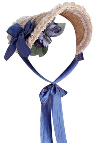 Besforta Gorro plano de Lolita victoriana para niñas y mujeres, sombrero de fiesta de té, sombrero de encaje, lazos de flores, sombreros de paja, Azul retro., 3-8