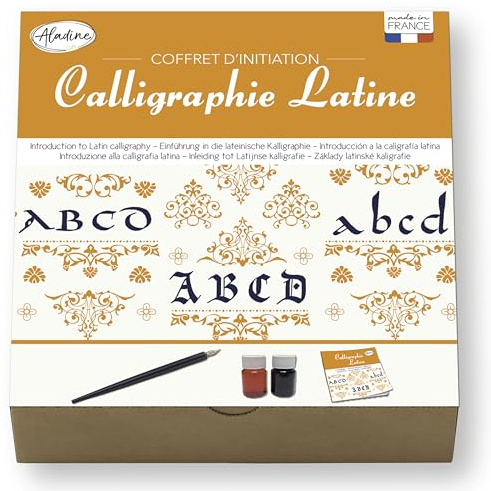 Aladine - Kit d’Initiation à la Calligraphie Latine - Plume, 2 Encres & Cahier d’Écriture - Apprentissage Écriture Ancienne Médiévale - Adulte & Enfant - Loisirs Créatifs - 85518