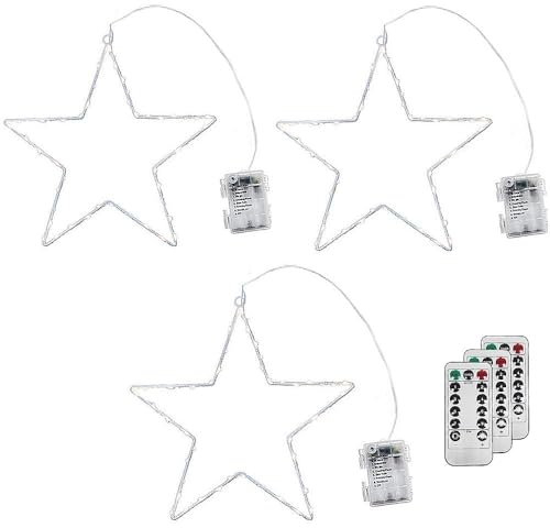 TRIXES 3PC LED Star Decoration, Battery Operated, Remote Control – 30cm diameter, 47cm Power lead - Hanging Light Up Window Decorations, 6 Hour Timer Function