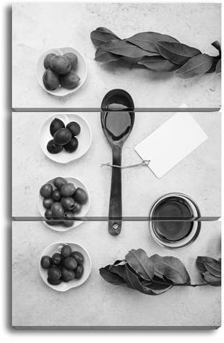 deyoli Leinwandbild Stillleben mit Oliven, Öl und Lorbeer, mediterrane Essenz Format: 120x80cm (3Teilig) Effekt:Schwarz&Weiß XXL Kunstdruck Bild auf Holzrahmen/Wandbild/Wohnzimmer Dekoration