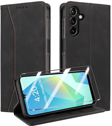 QHOHQ Cover per Samsung Galaxy A16 4G / A16 5G / A26 5G + Pellicola Prottetiva, [RFID Shieldon], Libro Custodia Portafoglio Premium Pelle PU, Slot Scheda, Chiusura Magnetico Aletta Antiurto Case Nero