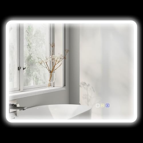 HOMCOM Miroir Salle de Bain Bluetooth 70 x 90 cm, Miroir Lumineux Salle de Bain Mural avec éclairage LED, Interrupteur Tactile, lumière réglable 3 Couleurs, Anti-buée, mémoire - Argent
