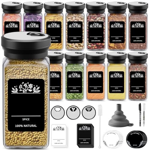 Miorkly 12 Square Spice Jars,120ML Spice jar Set with Spreader Insert,Spice Shaker with Round Twist lid-Strong Seal,Stainless Steel jar Spice Organizer Including Funnel, Label and Pen