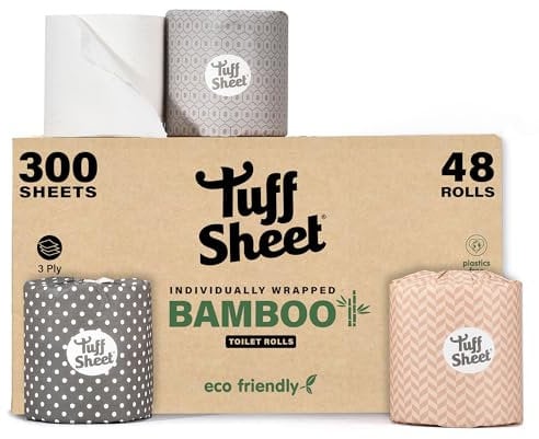 48 Pack Bamboo Wrapped Toilet Rolls 3-Ply Strength, Plastic-Free Toilet Paper, 300 Sheets, Recycled Packaging, Sustainably Sourced, Eco-Friendly & Biodegradable Bathroom Tissues