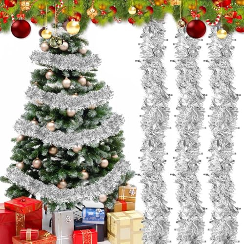 SULOLI Guirnalda de Oropel Navidad de 10 m,Guirnaldas de Tinsel,Espumillón de Cumpleaños,Fiesta,Escalera,Chimenea,Paredes,Árbol de Navidad(Plata)
