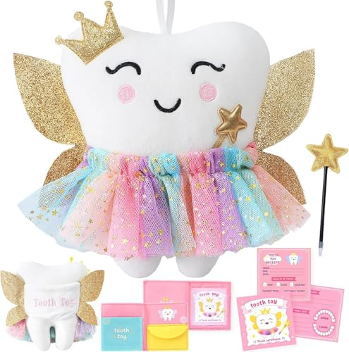 Almohada de Hada de los Dientes para Niños Juguete de Dentista con Alas y Falda Colorida, Recuerdo de Dientes Regalo de Peluche para Niñas y Niños
