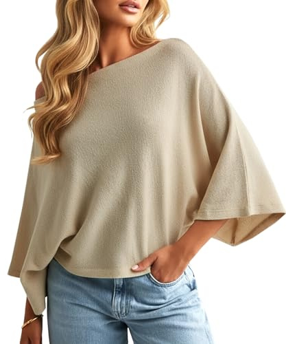 Navneet Strickpullover Damen Oversize Poncho Off Shoulder 3/4 Arm U Neck Oberteil Herbst Casual Outfit Aprikose M