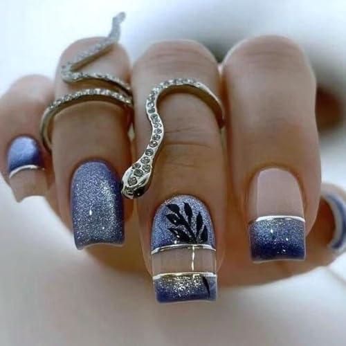 24Pcs Blue French Tips Press on Nails Square Medium Fake Nails Gold Blue Leaves Glue on Nails Blues Acrylic Nail Full Cover Spring Summer False Nails with Designs Flower Nails Art Decoration for Women