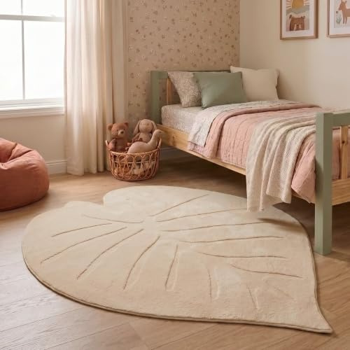 Little Olly Kinderteppich Waschbar - Coco Blatt Beige - 140x200 cm | Figuren/Charactere - Krabbeldecke - Spielmatte - Kinderzimmer, Babyzimmer, Jugendzimmer - Jungen - Mädchen