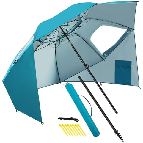 ISOISL Parasol de plage avec tête pivotante et chevilles en spirale - Parasol de plage pliable ultra compact - Diamètre : 240 cm - Protection solaire UPF50+ résistant au vent - Pour la plage, le