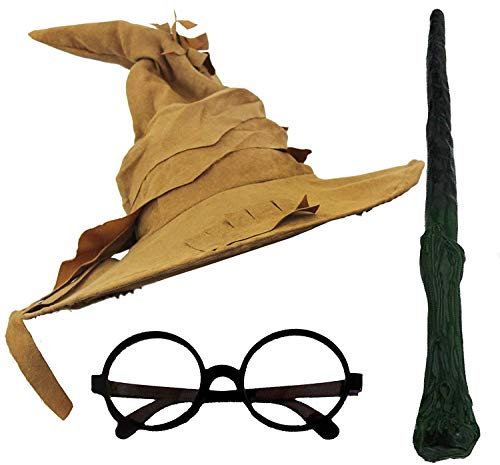 ENSEMBLE D'ACCESSOIRES DE DÉGUISEMENT DE SORCIER POUR ADULTES - CHAPEAU DE SORCIER + LUNETTES NOIRS RONDS + BAGUETTE DE SORCIER - ACCESSOIRES DE DÉGUISEMENTS POUR LA SEMAINE DU LIVRE (MARRON)