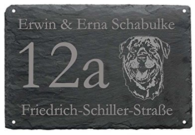 « HAUSNUMMER + STRASSE + NAME mit ROTTWEILER » als SCHIEFERTAFEL individuell gefertigt Schieferschild Hund 02
