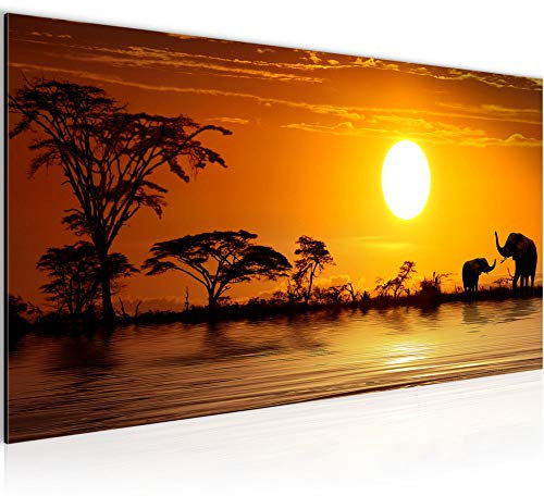 Runa Art Wandbild Afrika Elefant 1 Teilig 100 x 40 cm Modern Bild auf Vlies Leinwand Panorama Savanne Wohnzimmer Schlafzimmer Orange 000512a