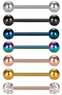 Vcmart 7 Piezas Barras de Lengua de Acero quirúrgico pezón Anillo Piercing Barbell 14G 16mm