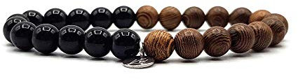 KARDINAL WEIST Quarzit Obsidian Holz Armband Yin Yang, Edelstein Perlen, Natur Stein Schmuck, Freundschaftsarmband, Partnerarmband (M, Obsidian)
