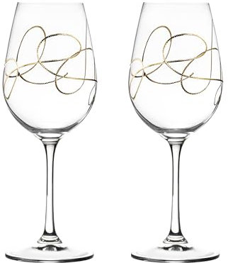 Wine - Goblet - Glasses - Glass is Lead Free Crystal - Set of 2 - with Gold String Design - by Barski - Made in Europe - 16 oz.