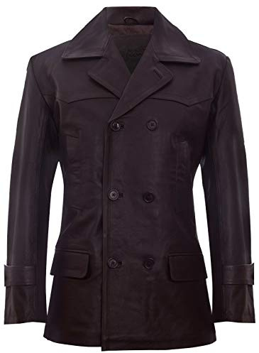 Mens Brown Cow Hide Leather Jacket Dr Who Naval German Pea Coat 2XL