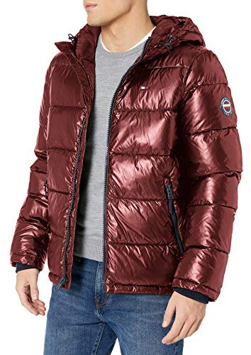 Tommy Hilfiger Piumino con cappuccio da uomo, Rosso Perlato, Large