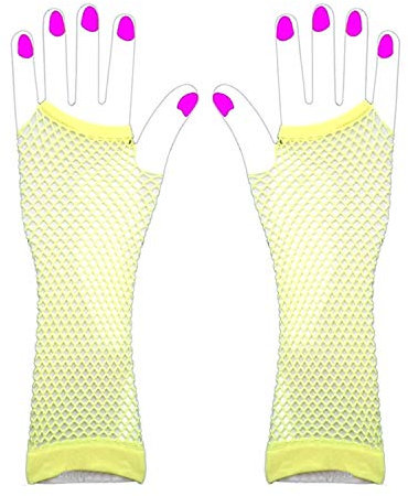 MoreChioce Damen Netz Handschuhe,Frauen Lange Fingerlose Netzhandschuhe Handstulpen für Party Fasching und Show Kostüme,Fluoreszierendes Gelb