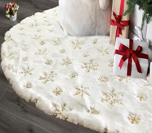 AOGU - Gonna per albero di Natale in pelliccia sintetica con paillettes, 100 cm, decorazione per feste di Natale e feste di Natale, in peluche bianco e oro, con paillettes e fiocco di neve