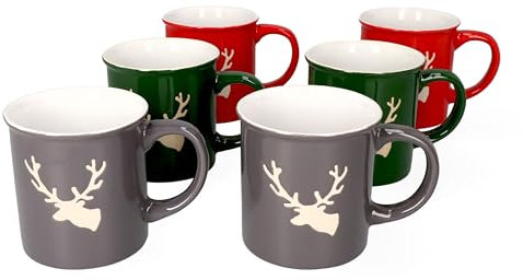 MamboCat 6-er Kaffee-Becher-Set Hirsch zylindrisch Weihnachten I Keramik-Tasse groß mit Hirschkopf - 2X Rot Grün Grau I große Jumbo-Tee-Tasse - Tea; Coffee Mug I 250 ml Weihnachts-Tassen-Set 6 St