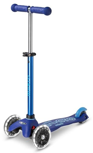 Micro® Mini Deluxe LED, Original Design 2-5 Jahre, Gewicht 1,95 kg, maximale Belastung 50 kg, Höhe 48-68 cm, 3 Räder mit LED-Beleuchtung, ABEC9-Kugellager, rutschfeste Plattform (Einzel, Blau)