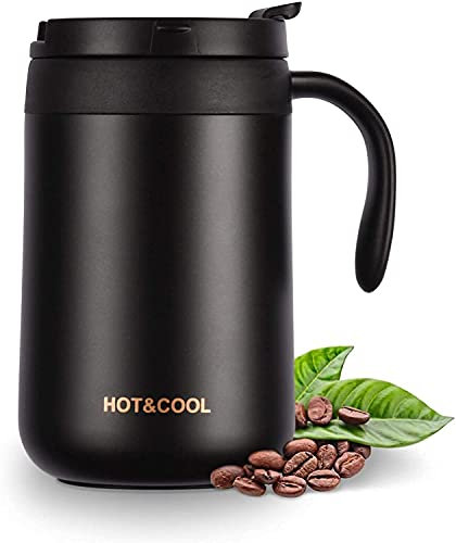 Camaka Insulated Coffee Mug with Lid, Double Wall Stainless Steel Thermal Mug for Cold & Hot Drinks, Stainless Steel Reusable Coffee Cup (Black 500ML)
