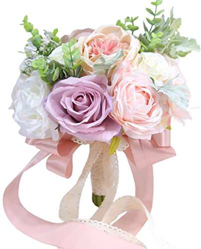 MISNODE Bouquet da sposa fatto a mano per matrimonio, damigella d'onore, bouquet di rose finte per la casa, centrotavola, decorazione per matrimoni, viola