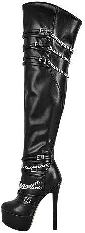 blingqueen Stivali da donna sopra il ginocchio con plateau gotico stivali con catene fibbie, Nero , 44 EU