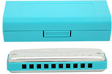 Dilwe Mundharmonika, Blues-Mundharmonika, 10-Loch-Mundharmonika, F-Taste, Tragbar, Hochglanz-Edelstahlabdeckung Wind Instrument f¨¹r Auff¨¹hrung, Schule, Im Freien (Blau