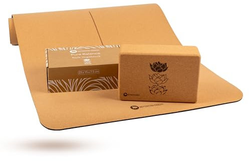 SPORTS-HERO® - 2er Yogaset - Yogamatte Kork - Yoga Matte Kork rutschfest - 1x Yogablock aus Naturkork für Yoga/Pilates - 100% nachhaltig & schadstofffrei