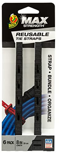 Duck Max Strength Heavy Duty Reusable Rubber Cable Ties, Tie Straps, Indoor and Outdoor 200mm - 6 Pack Black
