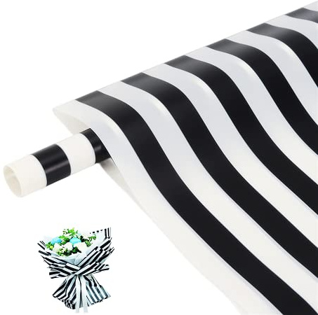 CURTEK Geschenkpapier mit Blumen im koreanischen Stil, 58,4 x 58,9 cm, wasserfest, schwarz-weiße Streifen, Blumenmuster, für Hochzeit, Valentinstag, Geschenkverpackung, 20 Blatt