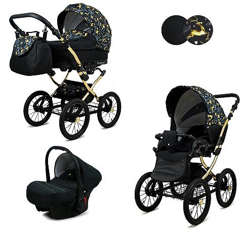 BabyLux® Bambimo Kinderwagen Set 3 in 1 - Margaret Gold - incl. Babywanne, Buggy Sportsitz, Auto-Babyschale - Autositz - Kinderwagenset - Kombikinderwagen mit Wickeltasche, Regenschutz usw.