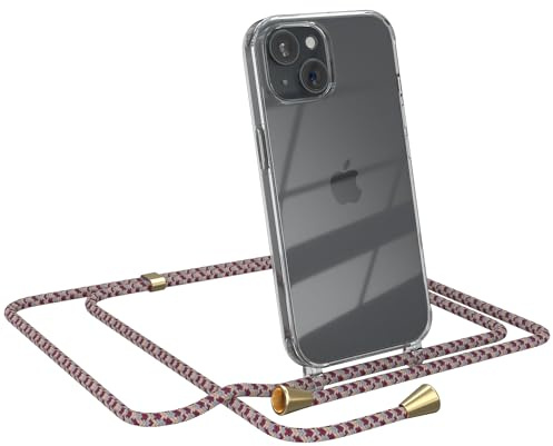 EAZY CASE Handykette kompatibel mit iPhone 15 Handyhülle mit Umhängeband, Handykordel mit Schutzhülle, Silikonhülle, Hülle mit Band, Stylische Kette für Smartphones, Rot Camouflage