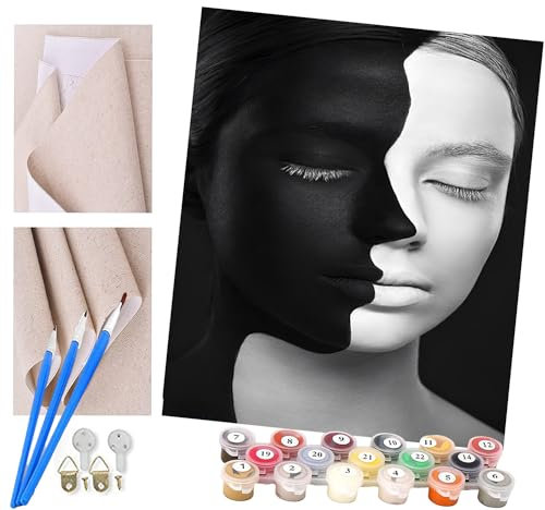 ToeTs peinture par numero adulte Cadeau de Peinture à l'huile de Bricolage numérique fille au visage noir et blanc pour Enfants Adultes Peindre par Nombre Kits Home Decor 16 * 20 Pouces
