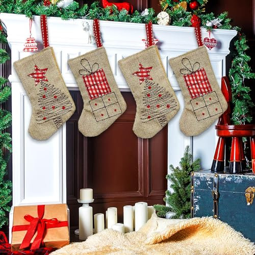 JINGTOPS Calcetin Navideño Personalizado,Botas de Navidad,Botas Navidad Chimenea, Caramelo Regalo Bolsa,Calcetín de Decoración Navideña para Llenar y Colgar, Yute, 14,5 cm x 10 cm (4 Piezas)